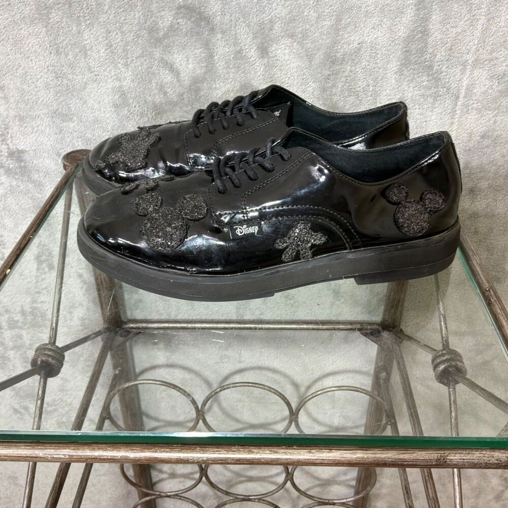ZARA Disney Mickey Women's 6.5  Patent Lace Up Derby Oxford Shoes Black Size 37*